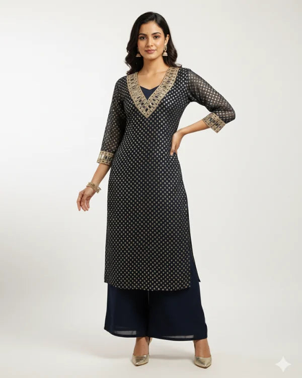 Navy Blue Kurta Set with Palazzo