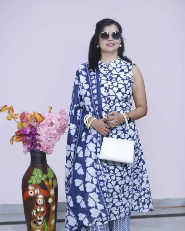 Blue & White Printed Cotton Suit Set with Dupatta