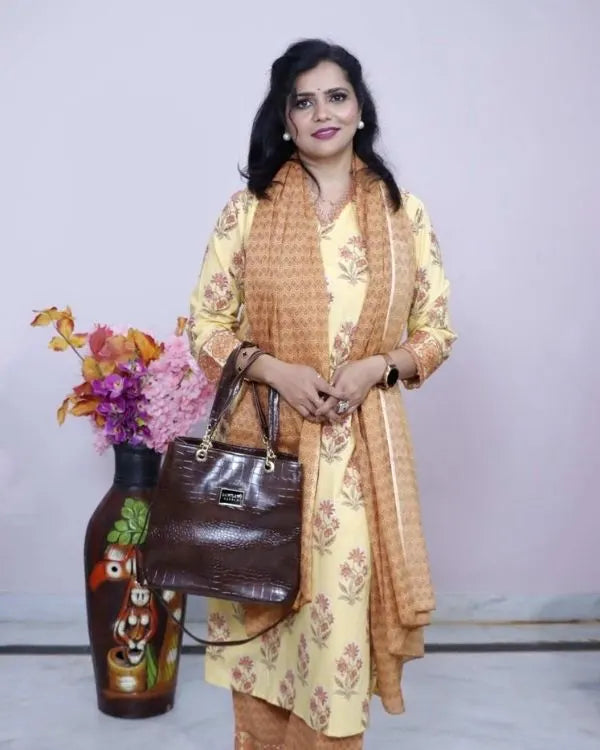 Yellow Printed Cotton Suit Set with Dupatta