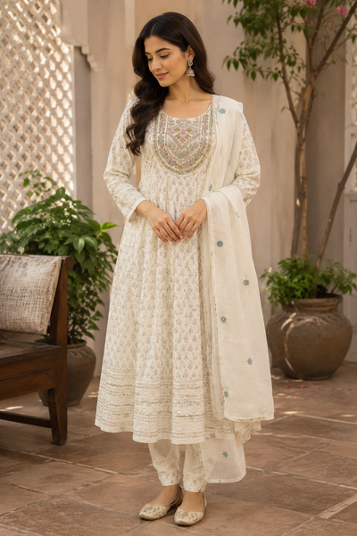 White Anarkali Suit Set with Dupatta