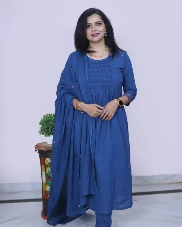 Navy Blue Solid Pleated Suit Set with Dupatta