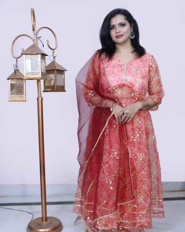 Coral Pink Floral Embellished Anarkali Suit Set with Dupatta