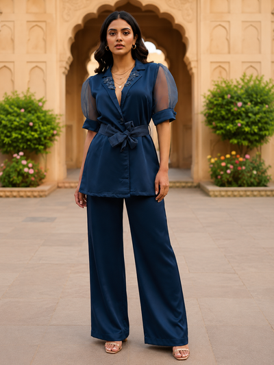 Women's Navy Blue Designer Satin Co-ord Set (Top + Pants)