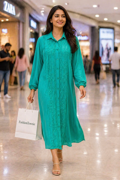 Rama Green Chikankari Shirt Dress