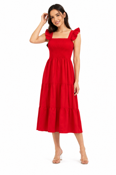Red Tiered Maxi Gown with Ruffle Sleeves – Smocked