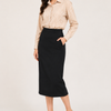 Beige Striped Shirt with Black Pencil Skirt Set