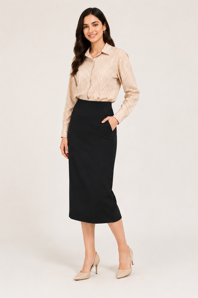 Beige Striped Shirt with Black Pencil Skirt Set