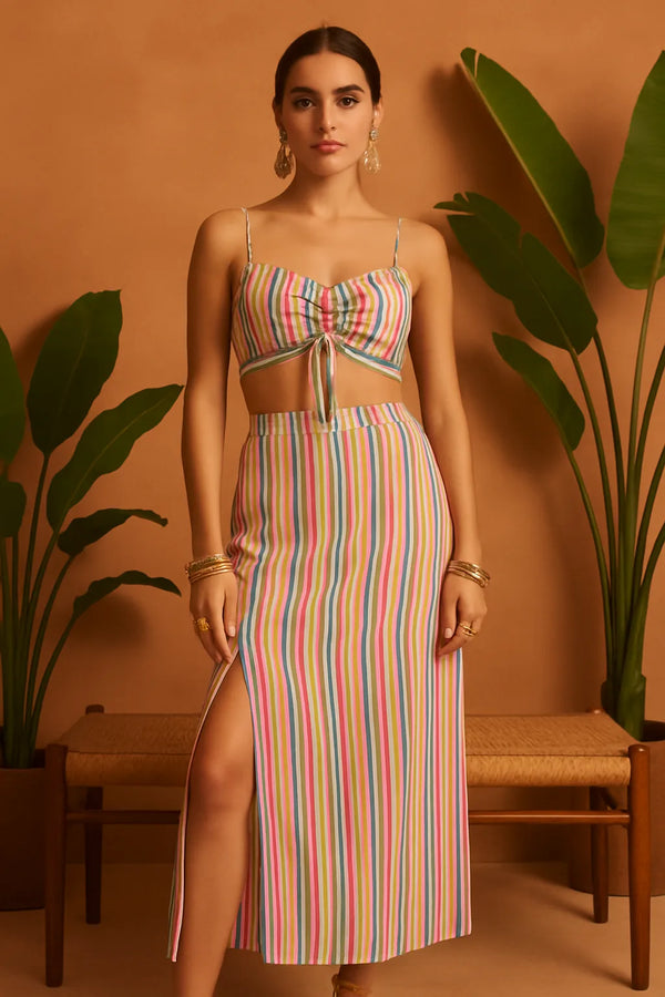 Multicolour Striped Co-ord Set (Crop Top & Skirt)