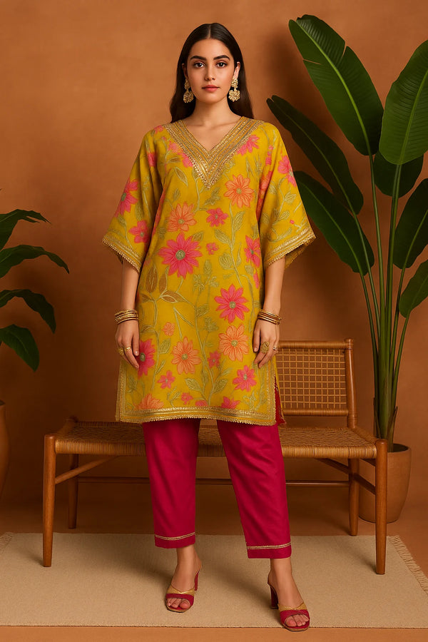 Mirror Work Floral Kaftan with Solid Pink Pants