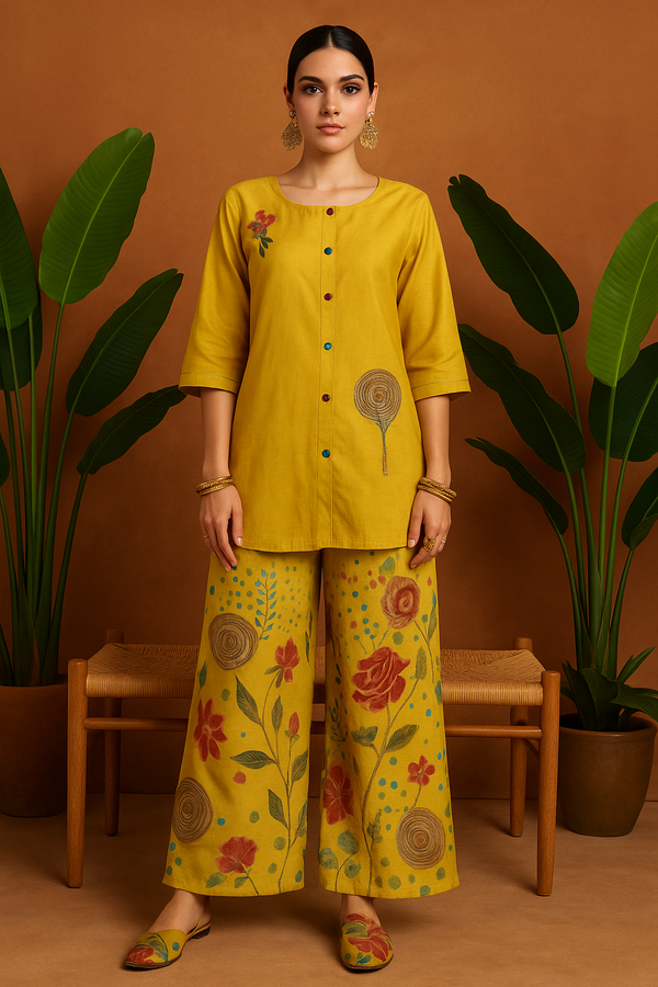 Mustard Yellow Floral Co-Ord Set with Embroidered Accents