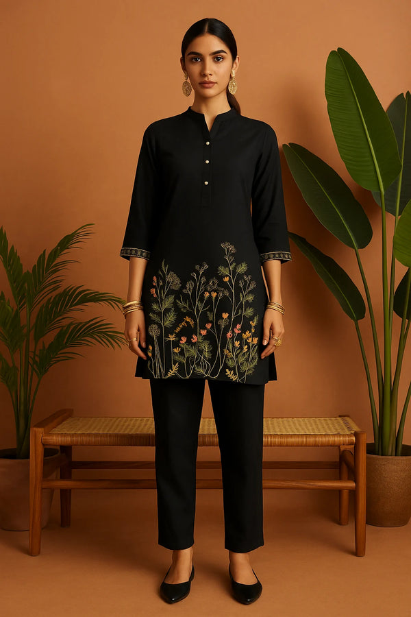 Black Floral Embroidered Co-ord Set
