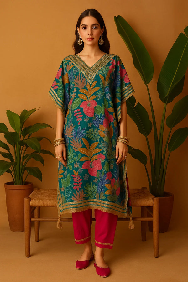 Tropical Teal Printed Kaftan Set with Mirror Work