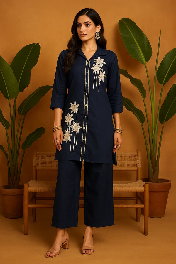 Navy Blue Co-Ord Set with Floral Lace Detailing