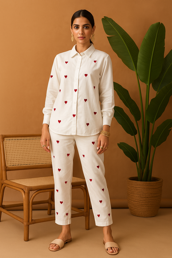 White Button-Down Shirt with Heart Embroidery