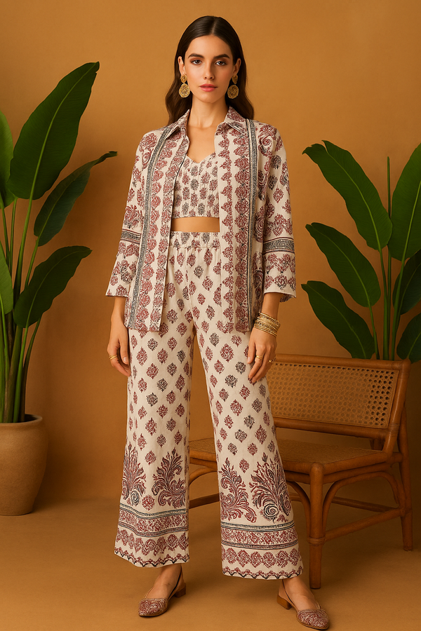 Ethnic Printed Co-Ord Set (Shirt, Croptop & Trousers)