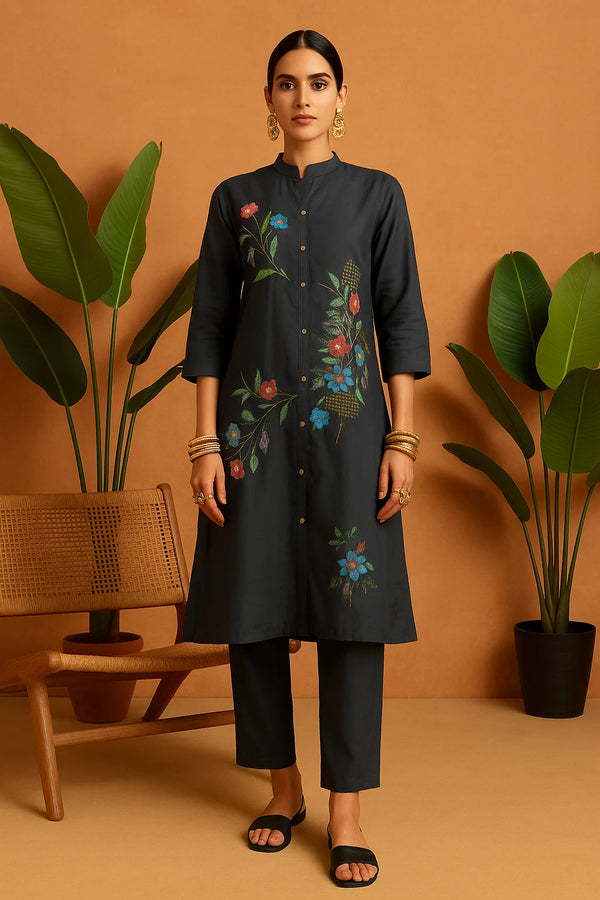 Midnight Black Embroidered Kurta with Dhoti Pants