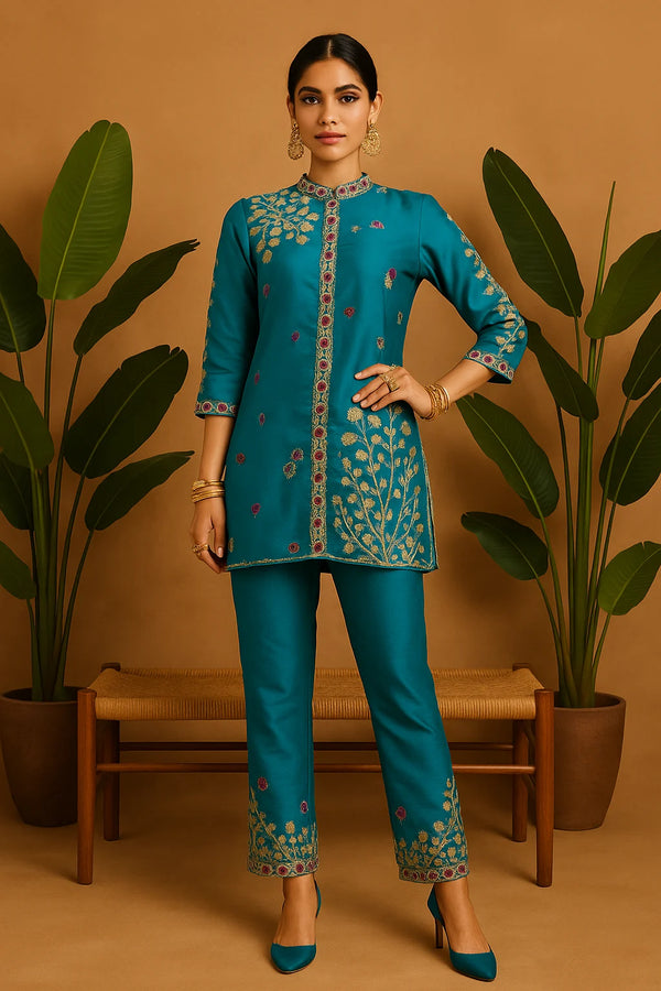 Teal Blue Embroidered Silk Kurta
