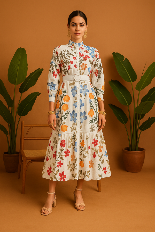 Graphic Printed Long Shirt Kurta with Stand Collar