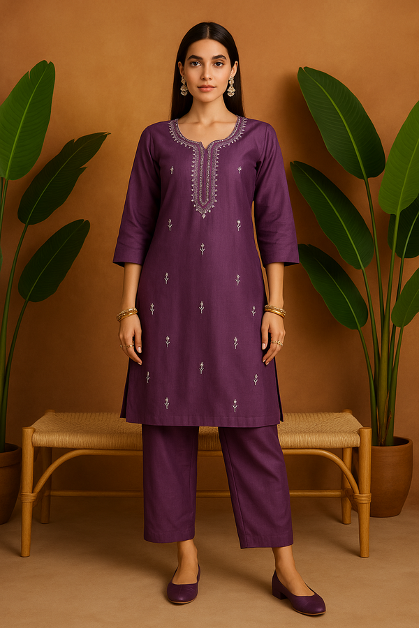 Purple Embroidered Cotton Co-ord Set