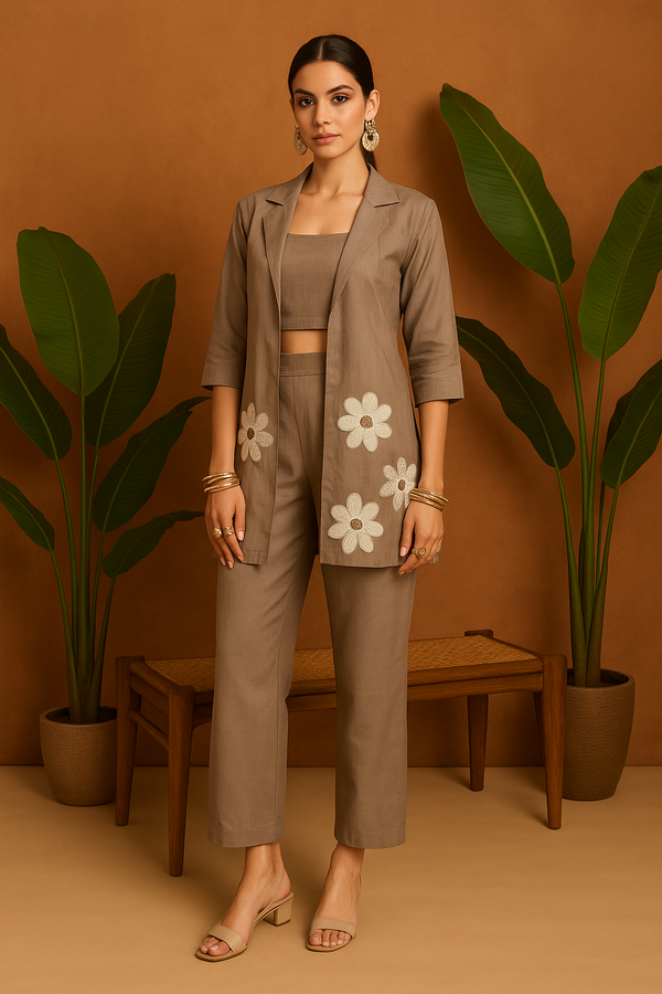 3-Piece Taupe Co-ord Set with Floral Embroidery