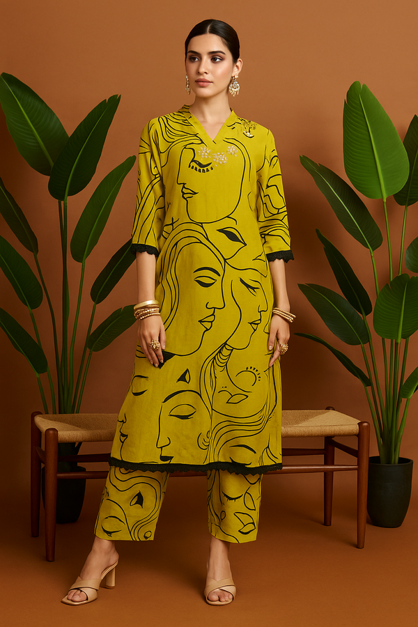 Mustard Yellow Artistic Face Print Co-ord Set with Embellished Neckline