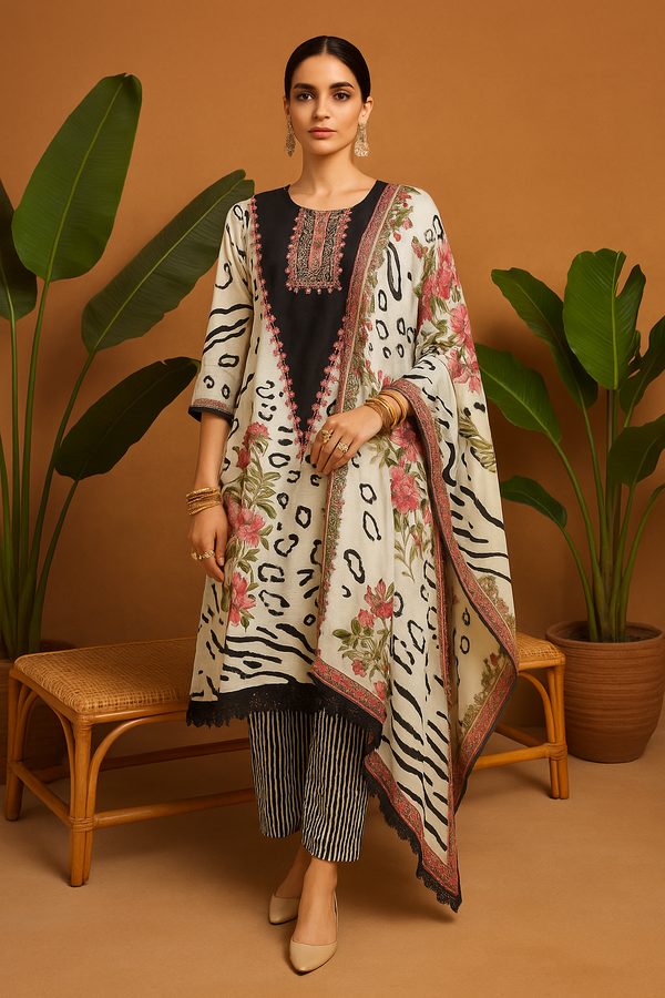 Floral Printed Kurta Set with Black Striped Pants & Embroidered Neck Detail