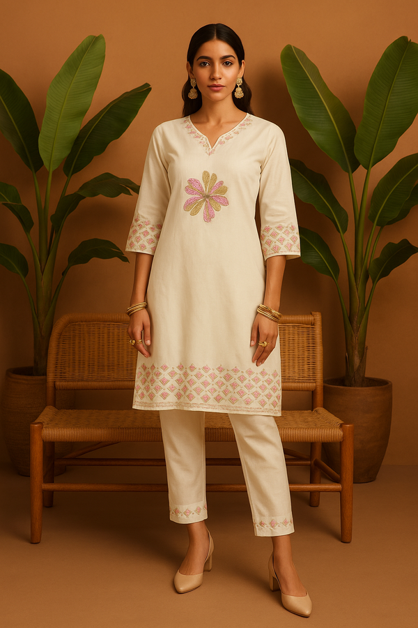 Off-White Embroidered Cotton Kurta Set with Floral Motifs