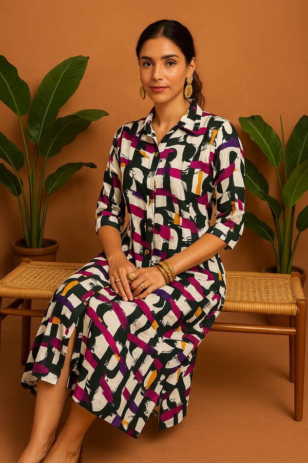 Multicolor Abstract Print Shirt Dress