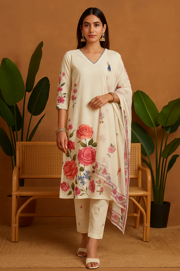 Floral Printed White Suit Set with Dupatta
