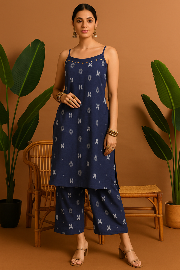 Indigo Printed Co-ord Set with Spaghetti Top