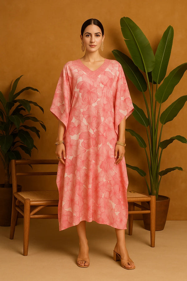 Printed Kaftan with Lace Neck Detail