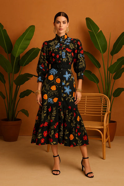 Black Floral Long Maxi Dress with Neck Tie Detail