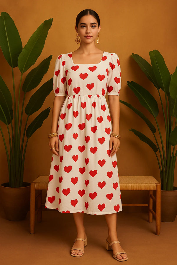 White and Red Heart Print Casual Dress