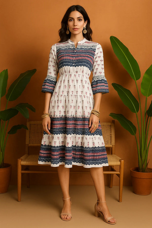 Boho Printed Midi Dress with Smocked Waist