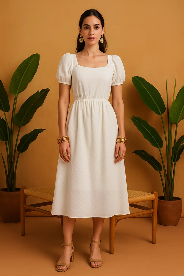 White Puff-Sleeve Midi Dress
