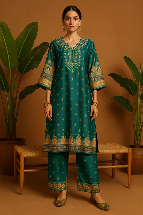 Teal Silk Blend Embroidered Kurta Set