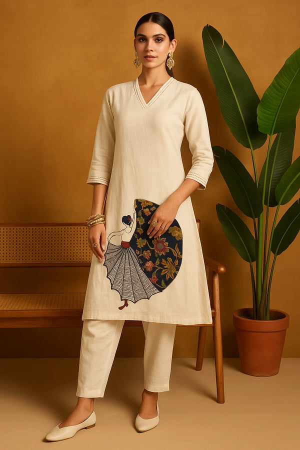 Off-White Cotton Co-ord Set with Subtle Thread Detailing