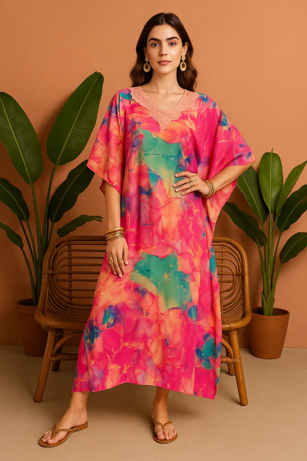 Printed Kaftan with Lace Neck Detail