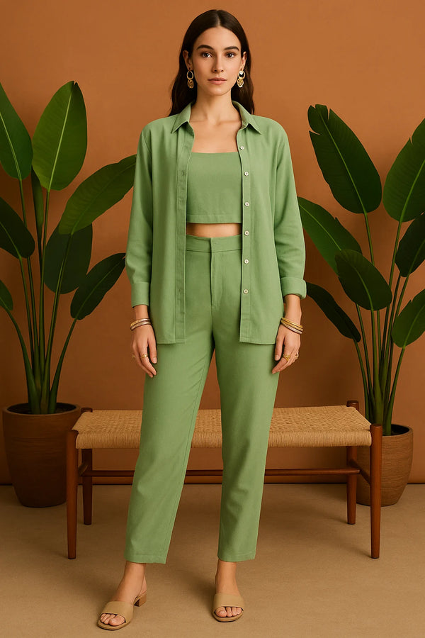 Solid Green Co-ord Set – Shirt & Pants