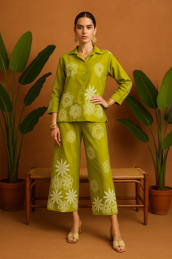 Embroidered Floral Co-ord Set – Shirt & Pants