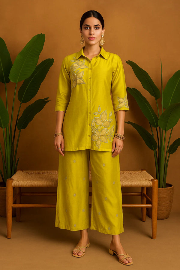 Mustard Yellow Embroidered Kurta Set with Palazzo Pants