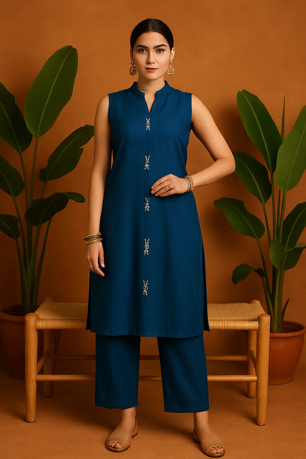 Solid Blue Sleeveless Co-Ord Set with Minimal Embroidery
