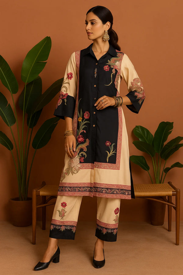 Printed Co-Ord Set with Collared Shirt and Solid Pants