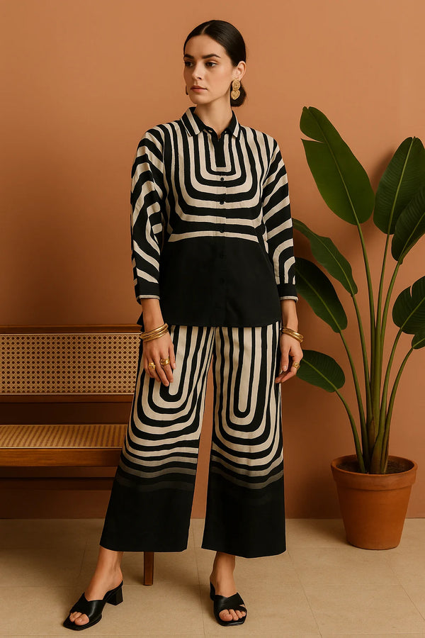 Monochrome Abstract Print Co-ord Set – Shirt & Pants