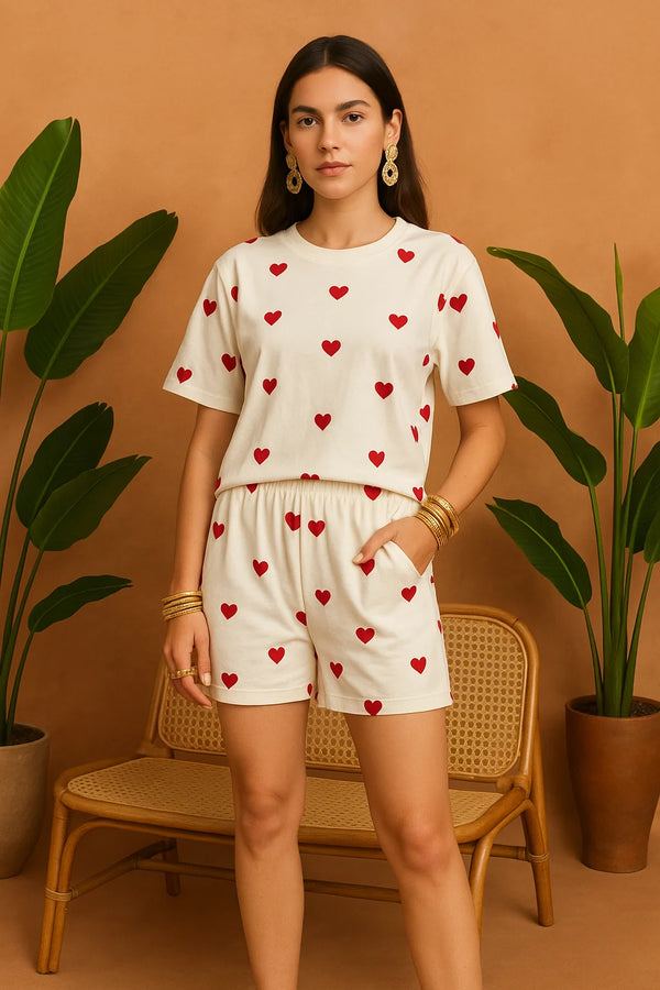 Cute Heart Print Co-Ord Set (T-Shirt & Shorts)
