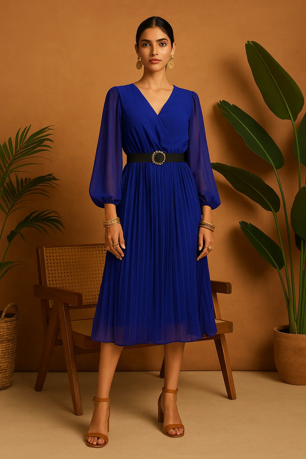 Elegant Royal Blue Pleated Midi Dress