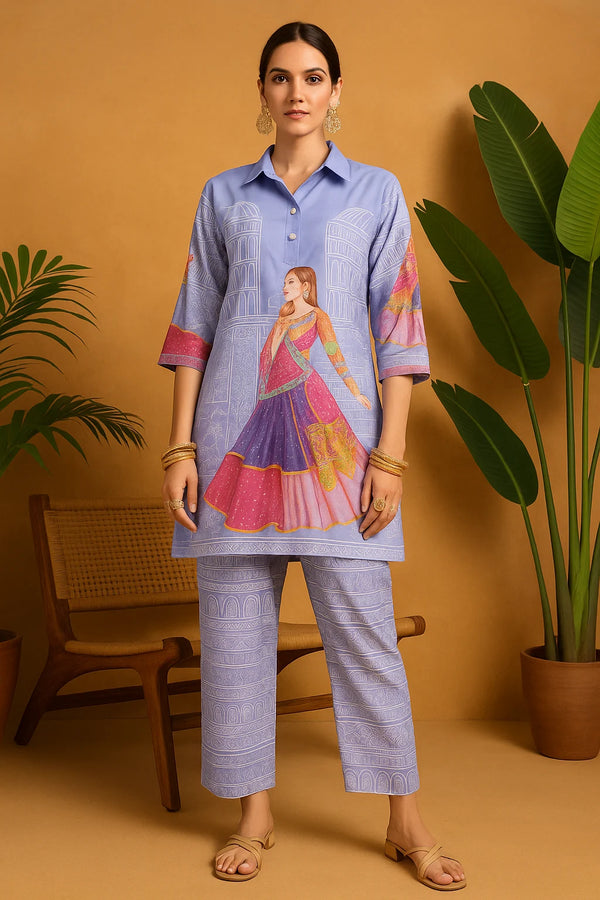 Ethnic Printed Co-Ord Set in Lavender with Artistic Illustration
