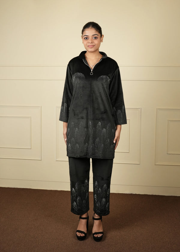 velvet long jacket cum kurti trouser set