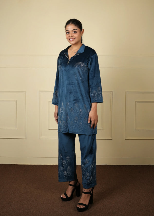 velvet long jacket cum kurti trouser set