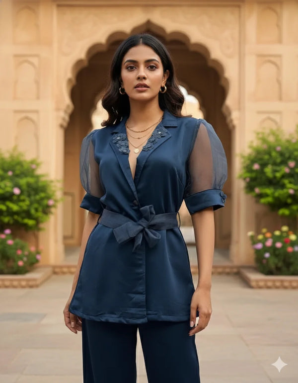 Women's Navy Blue Designer Satin Co-ord Set (Top + Pants)